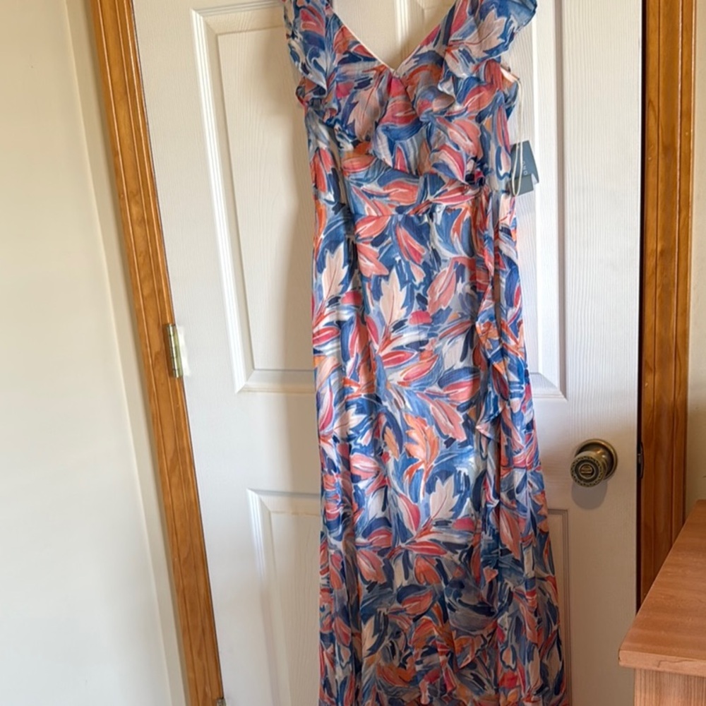 London Times Orange and Pink Ruffled Sundress with Flutter Sleeves